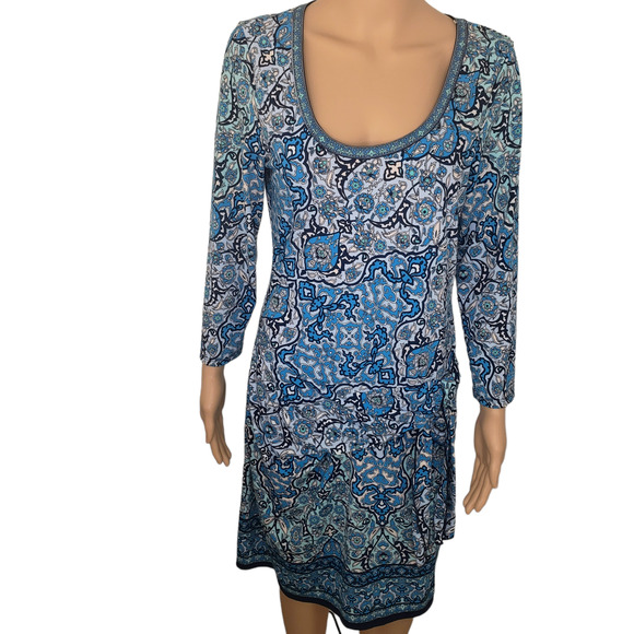 Max Studio Boho Floral Scoop Neck 3/4 Sleeve Midi Dress Side Tie Med - Picture 8 of 10